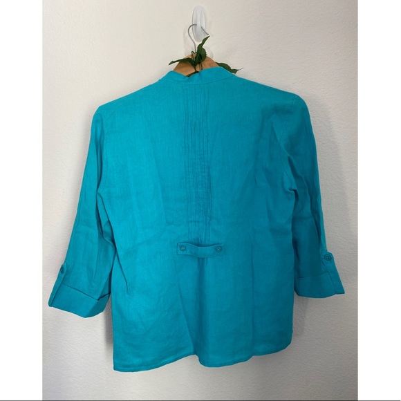 JM • Stunning Turquoise 100% Linen Sequence Pleated Buttoned Top - Picture 10 of 13